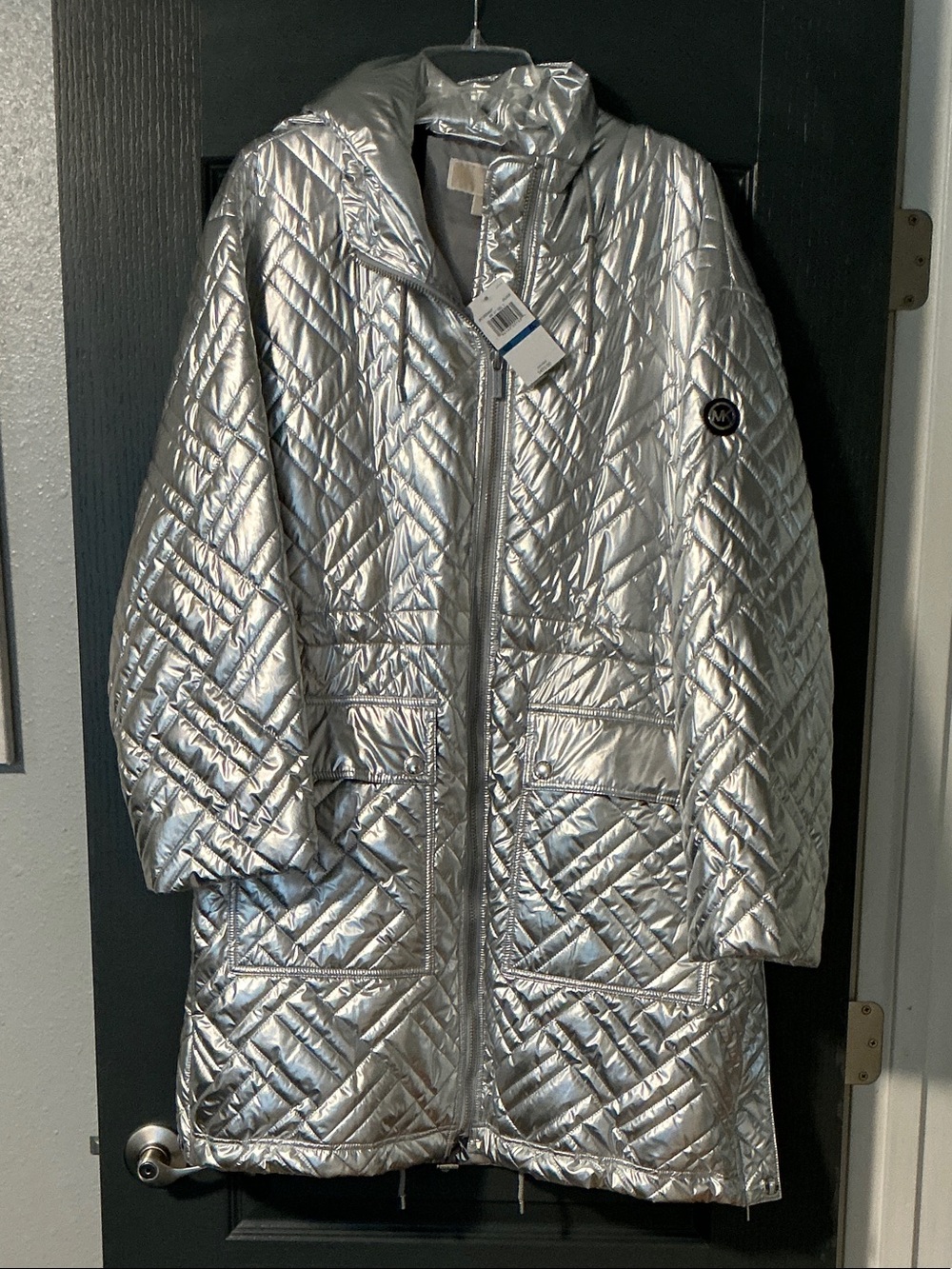 Michael Kors Silver Quilted Long Puffer Coat